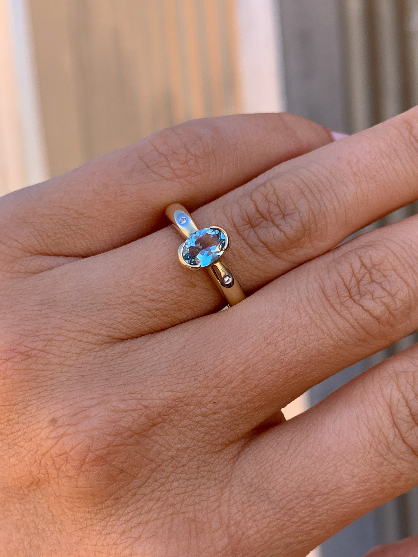 9k yellow gold Aquamarine & Diamonds - size 8