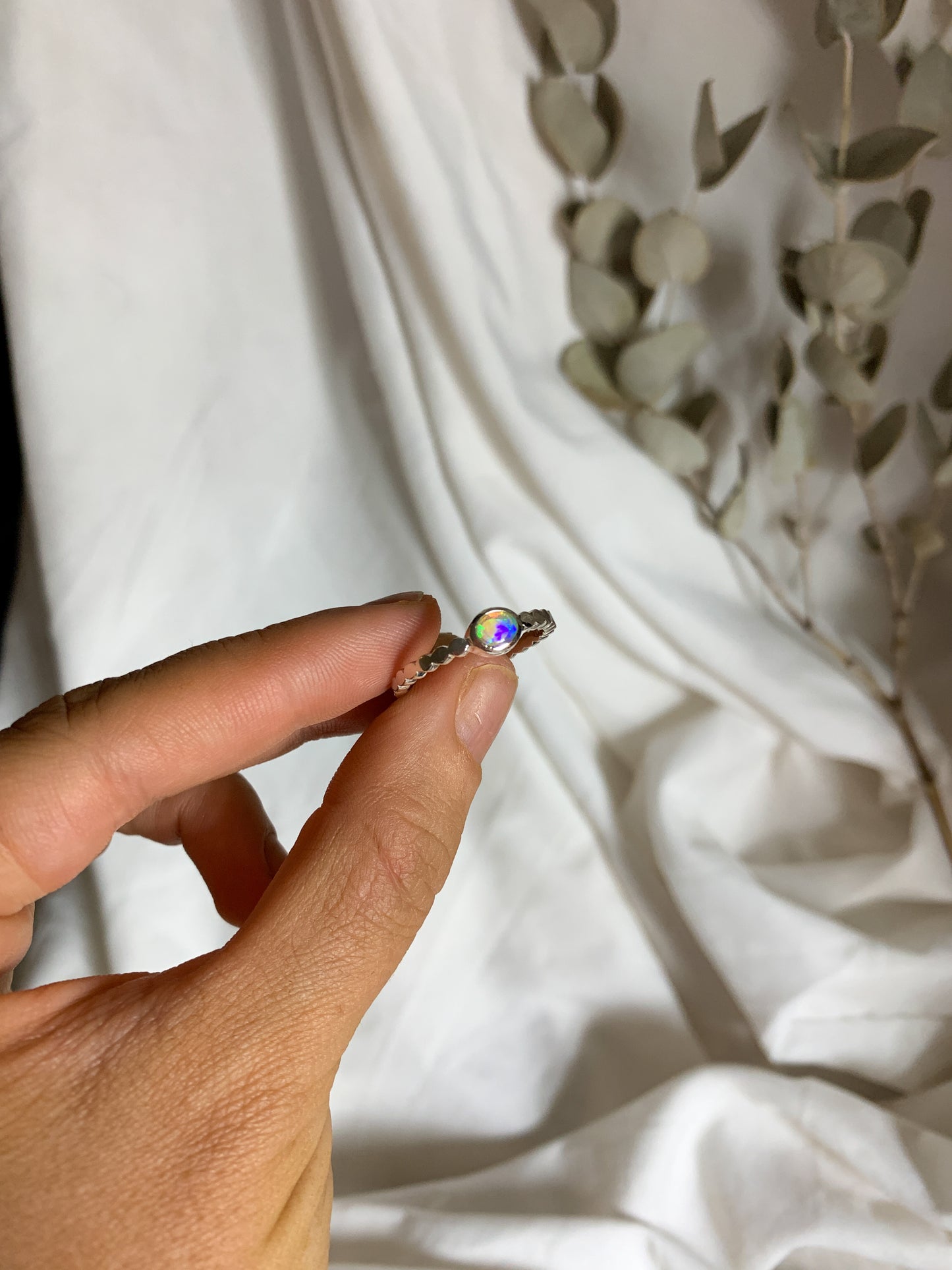 Opal with pressed beaded band - Size 8