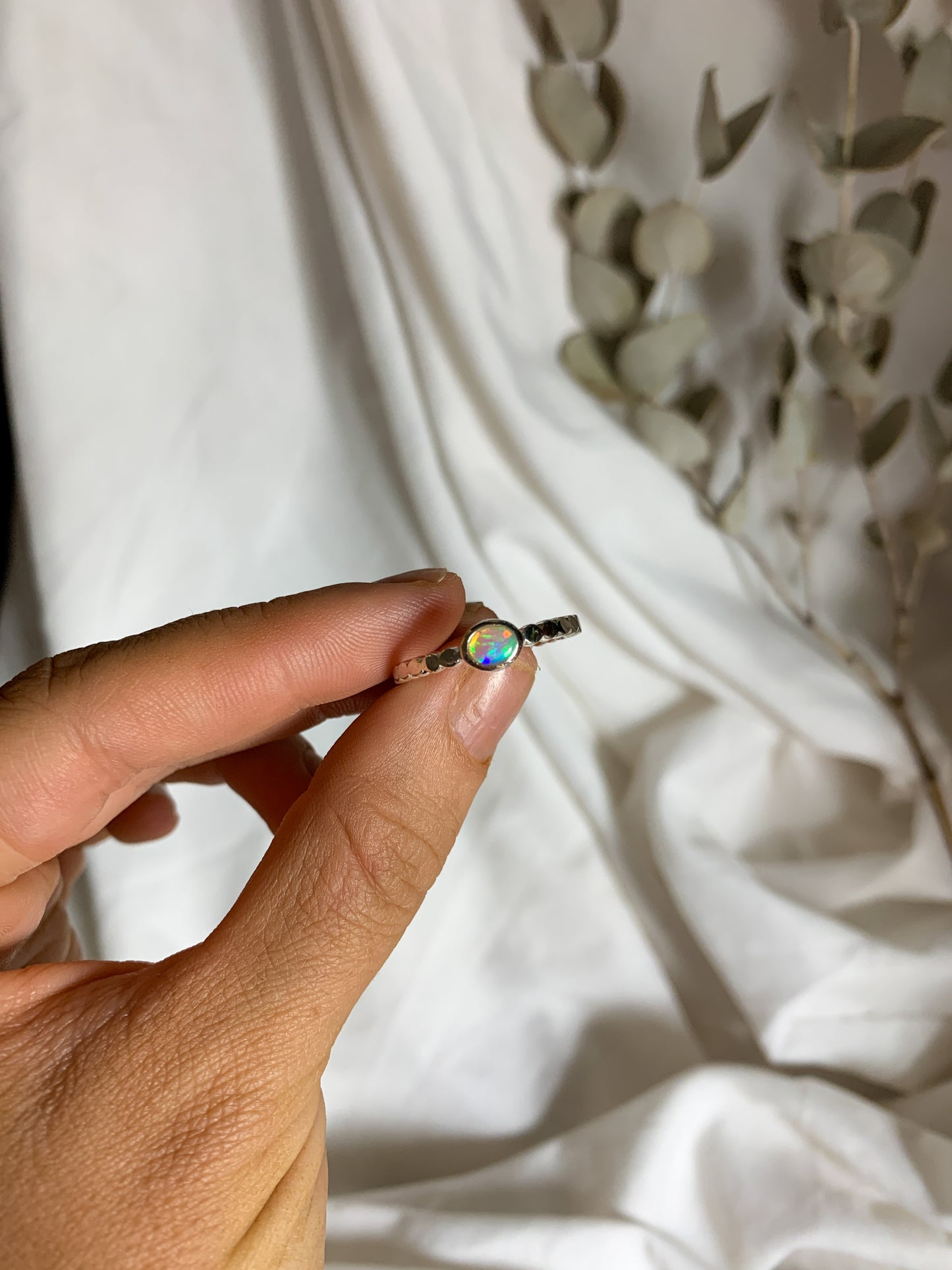 Opal with pressed beaded band - Size 8