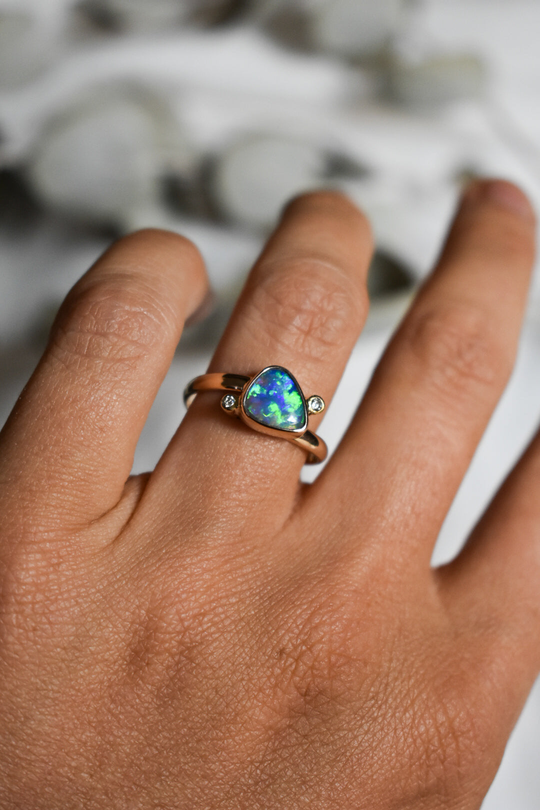 9K solid gold crystal Opal ring with diamonds - size 7