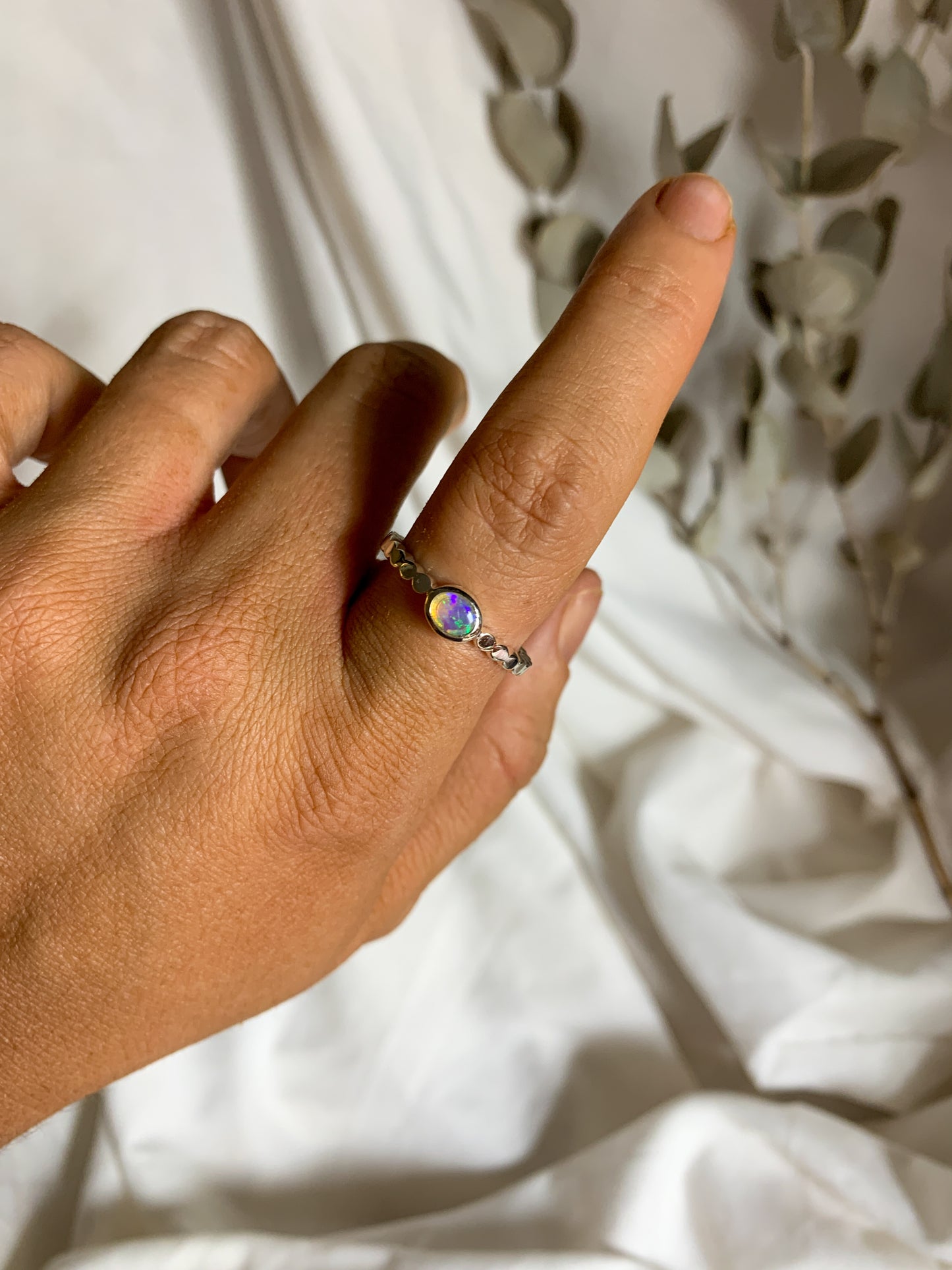 Opal with pressed beaded band - Size 8