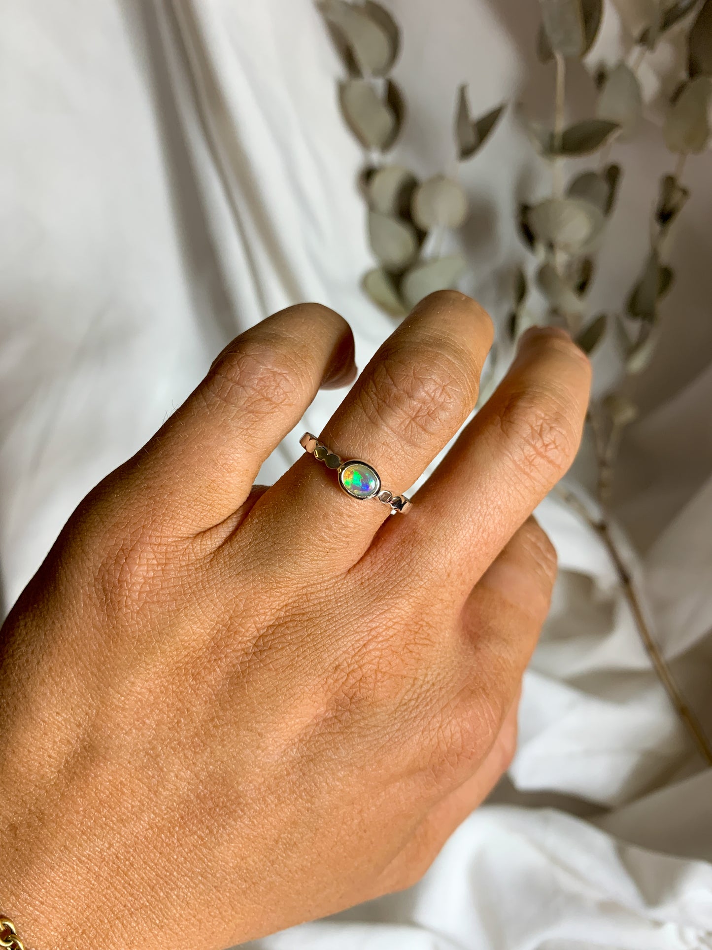 Opal with pressed beaded band - Size 6