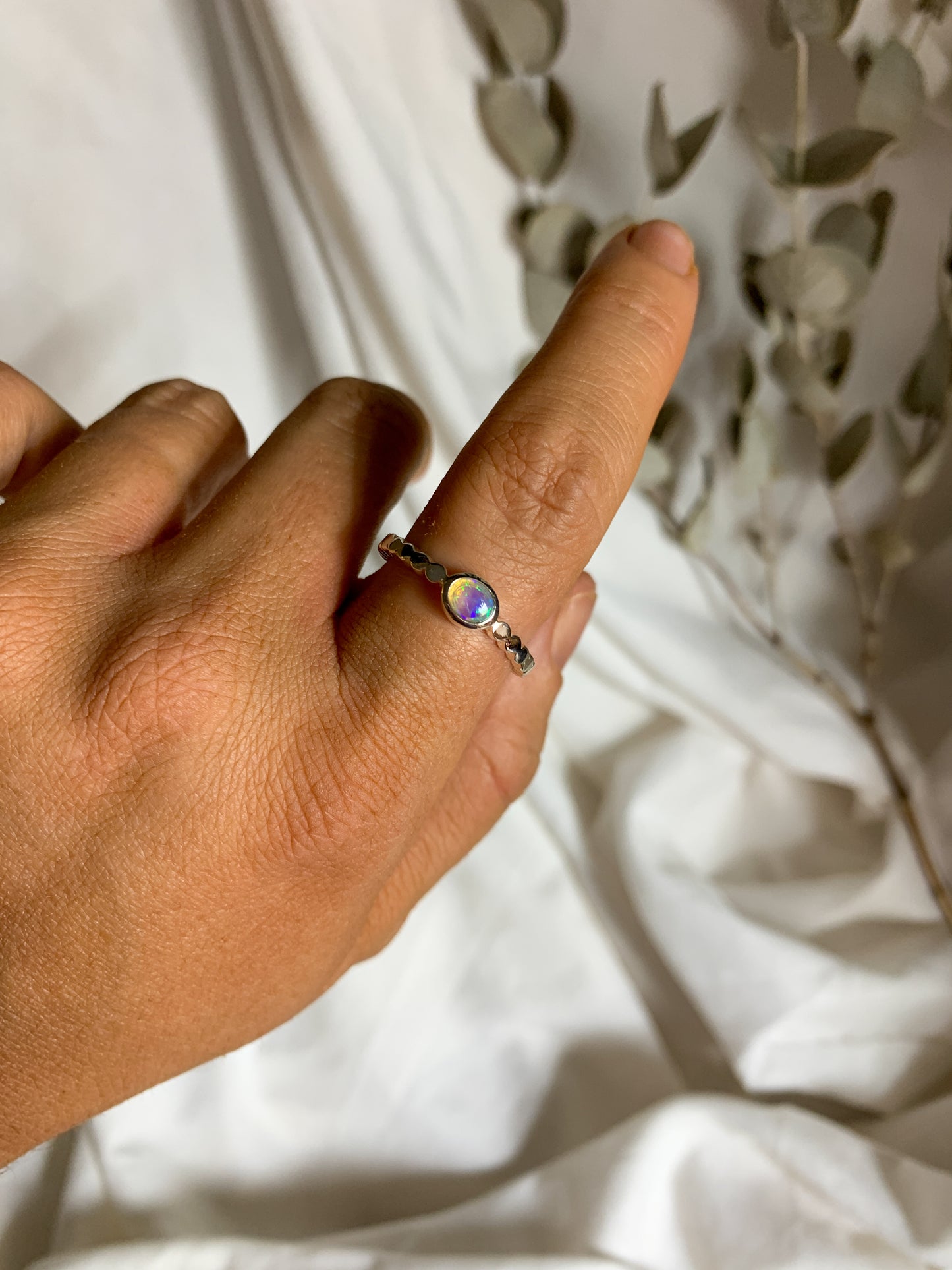 Opal with pressed beaded band - Size 8